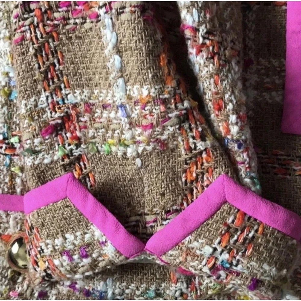 Kate Spade New York Brown Pink Plaid Tweed Silk Blend Cropped Jacket Size 4